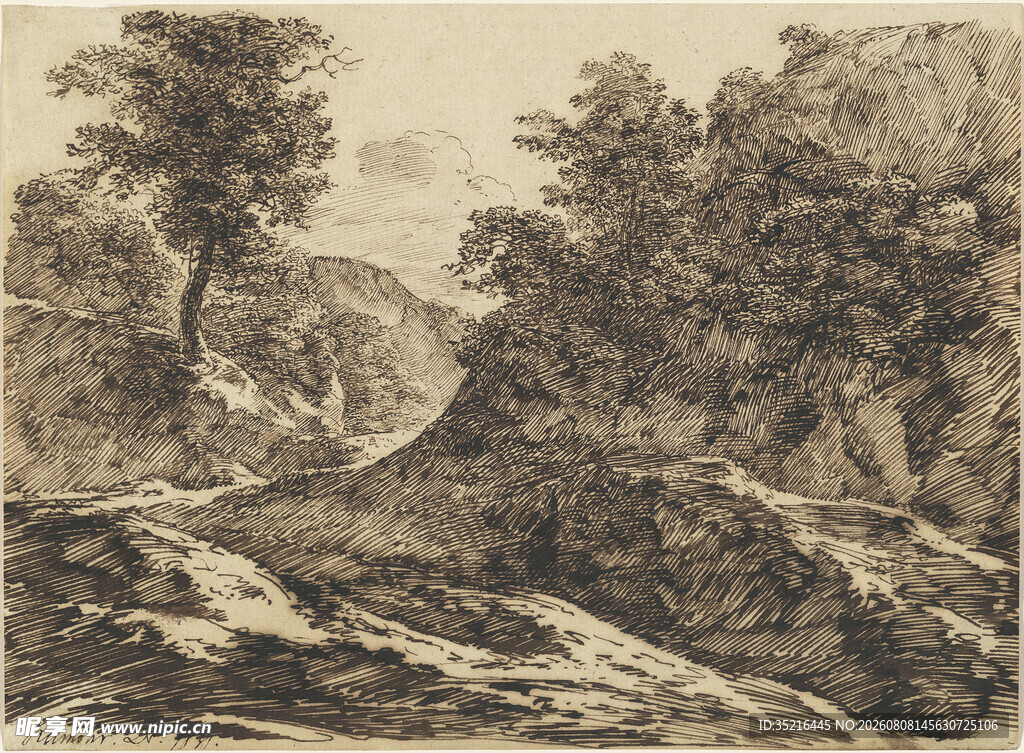 山间溪流风景素描图