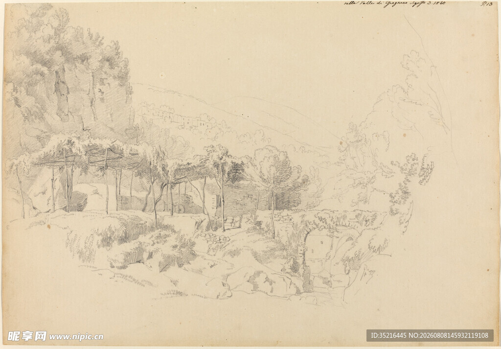 古代山水风景素描画