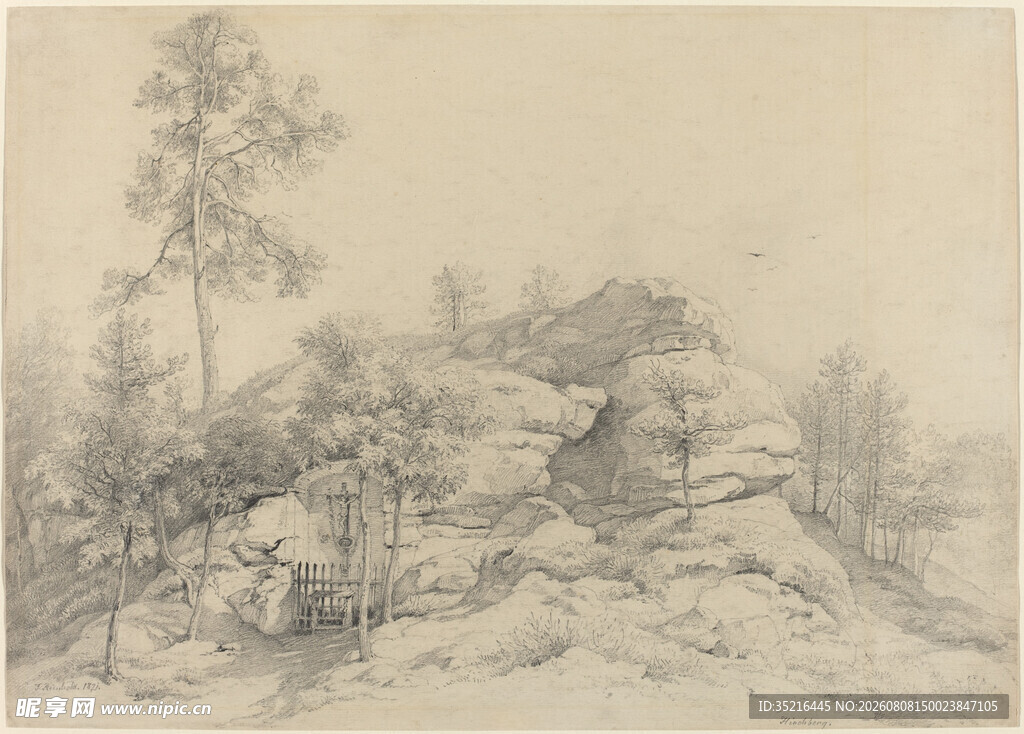 山林雪景素描画