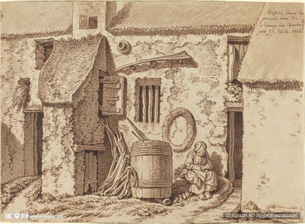 古朴乡村小屋场景素描