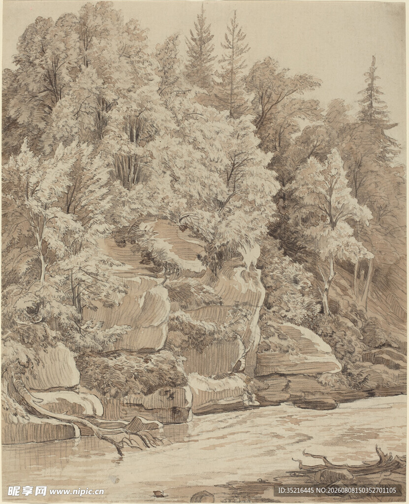 山林溪流风景水墨画