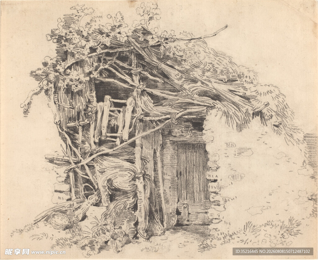 古朴乡村小屋素描图