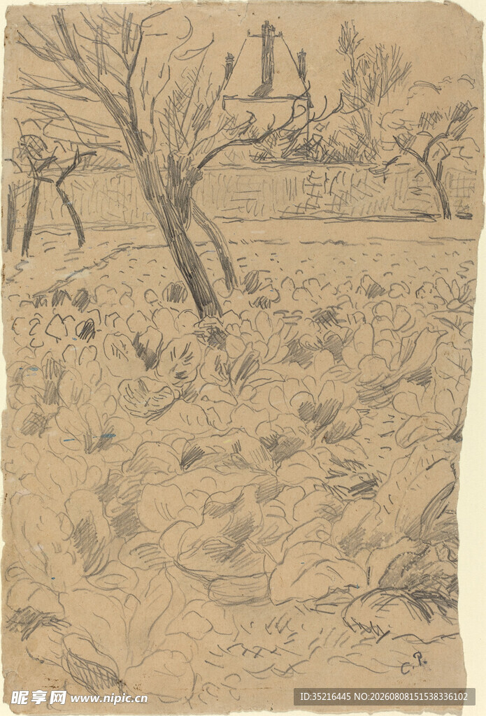 乡村田野风景素描画