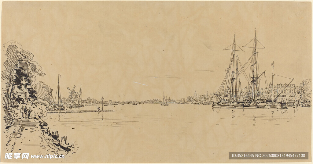 河畔船只风景素描图