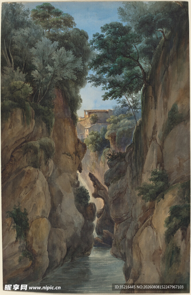 山间峡谷风景油画