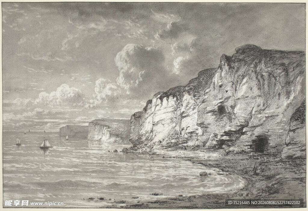 海岸风景黑白绘画