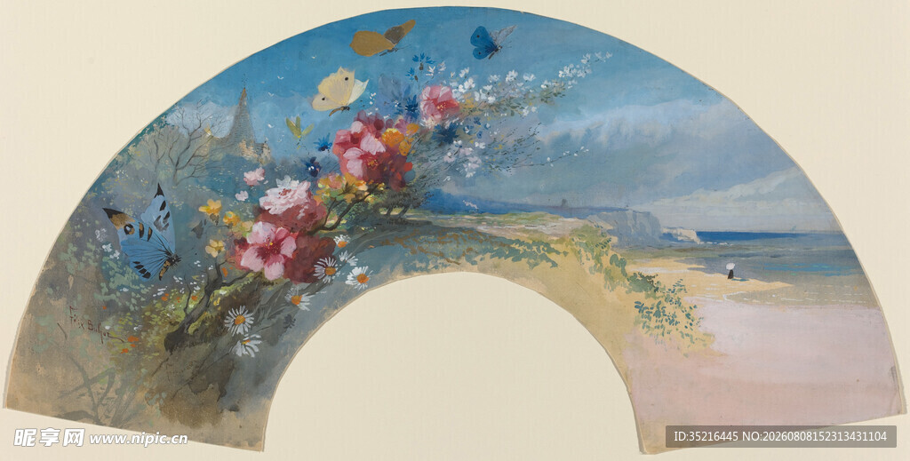 扇形花卉风景绘画作品