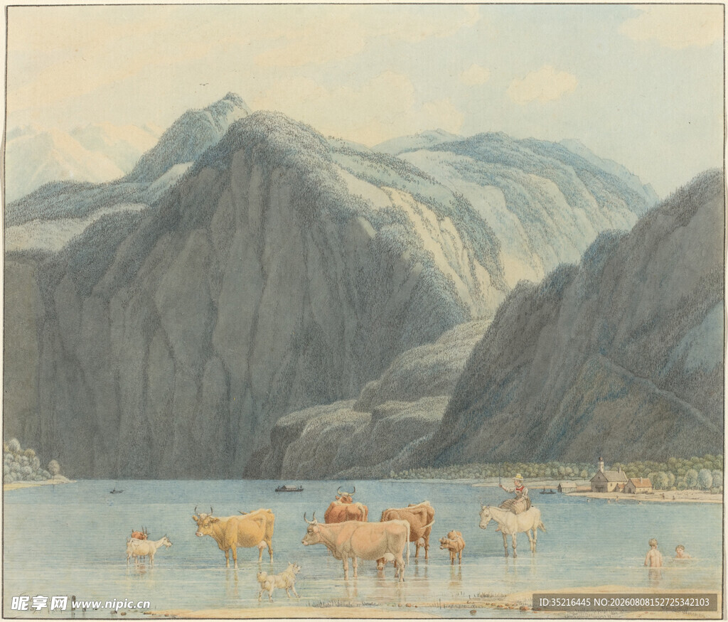 湖畔群牛与远山美景