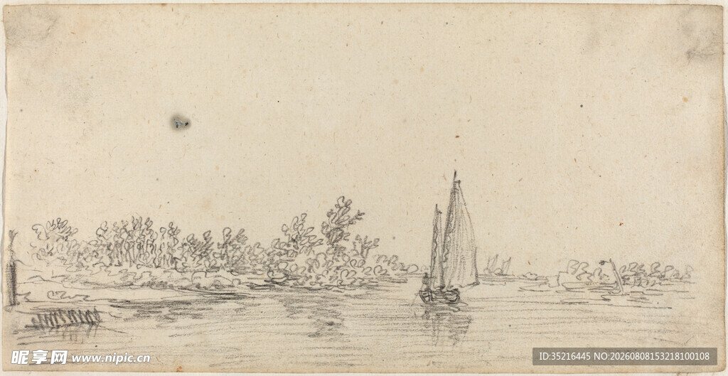 河畔船只风景素描图