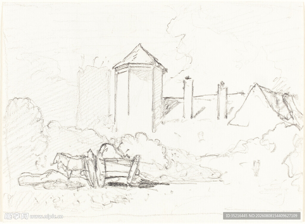 乡村建筑铅笔素描图