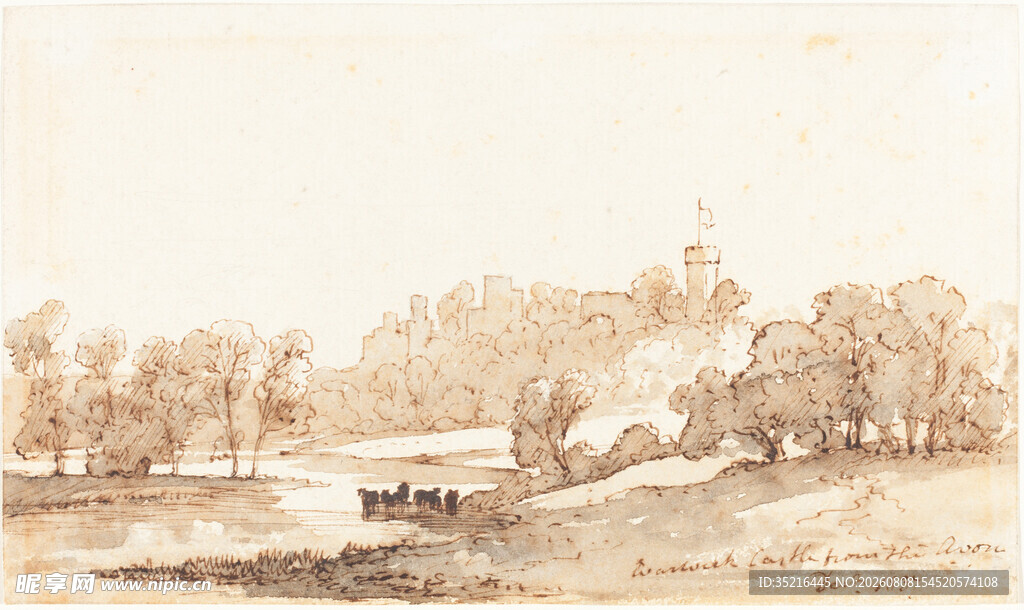 乡村河畔风景素描画