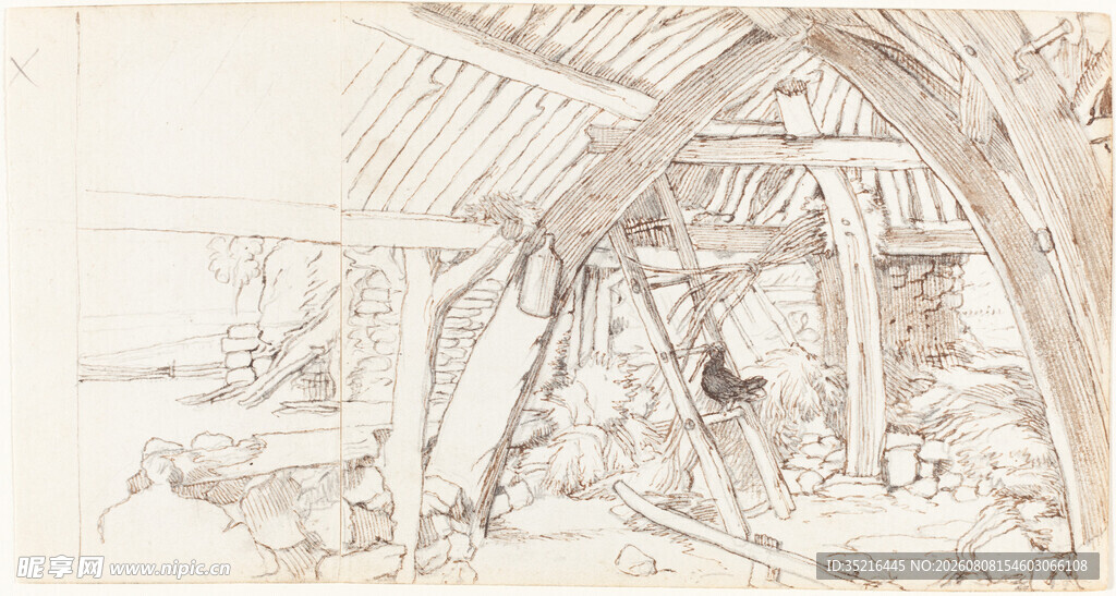 乡村小屋内景素描