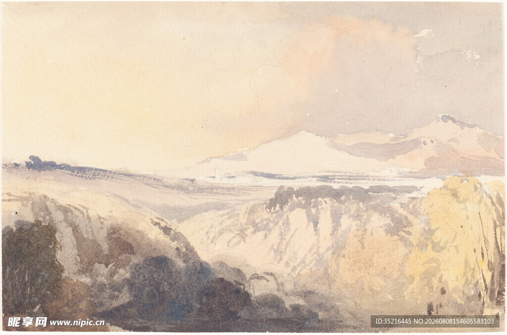 冬日山峦雪景水彩画