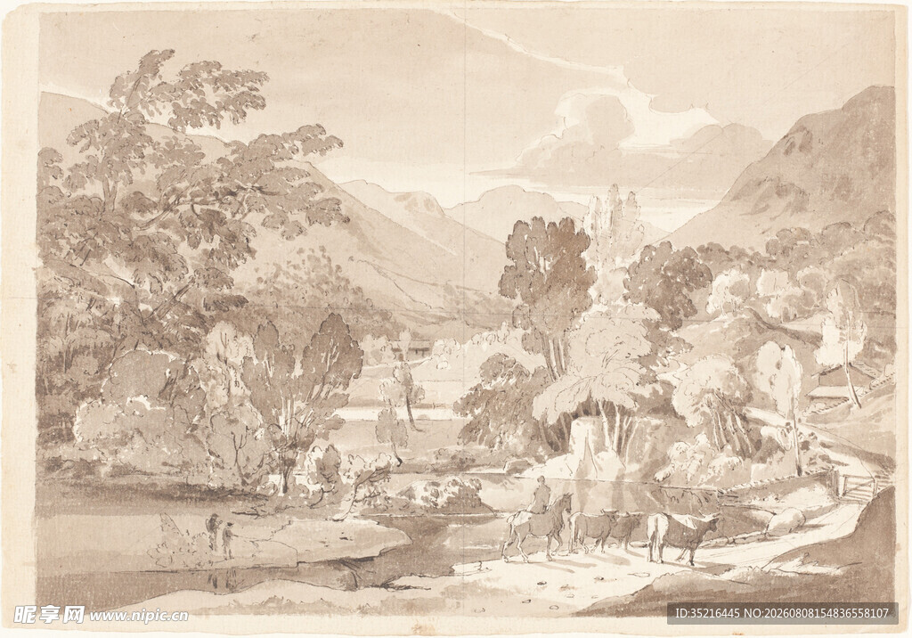 乡村山水风景素描画