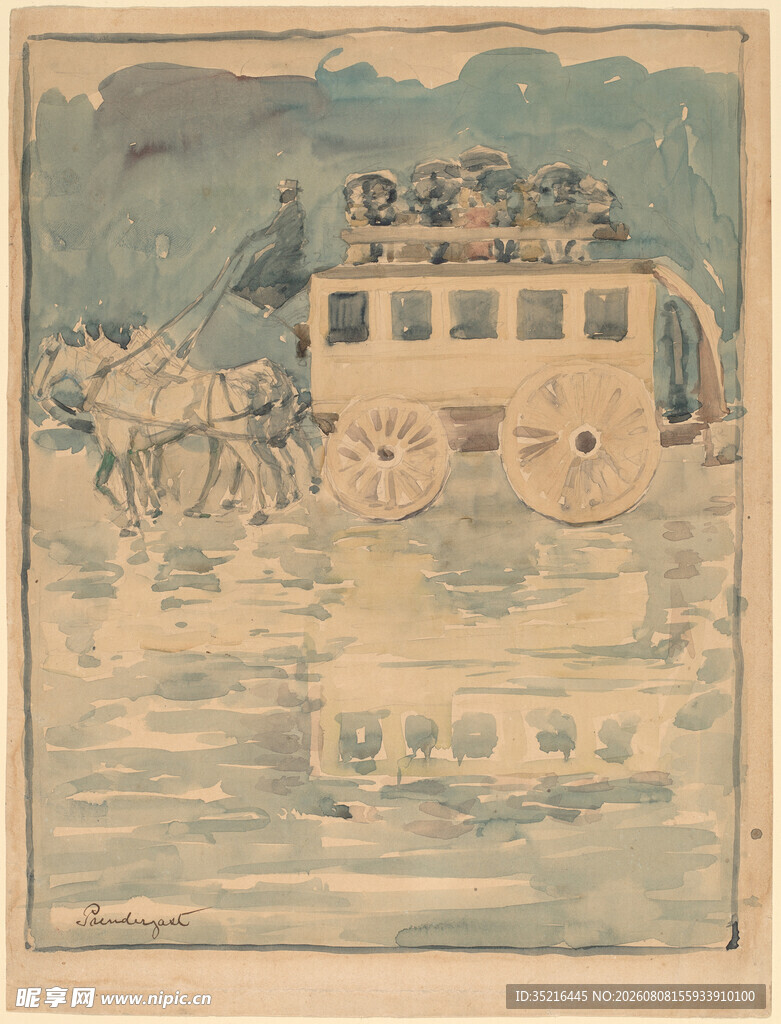 复古公交场景手绘插画