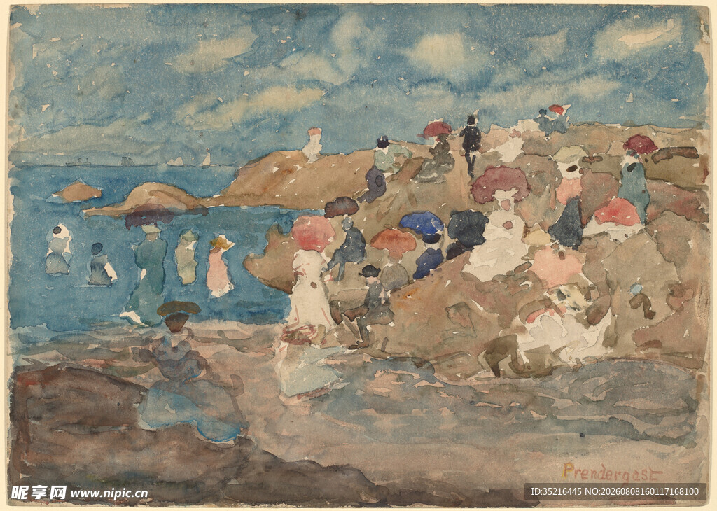 海边小镇风景油画