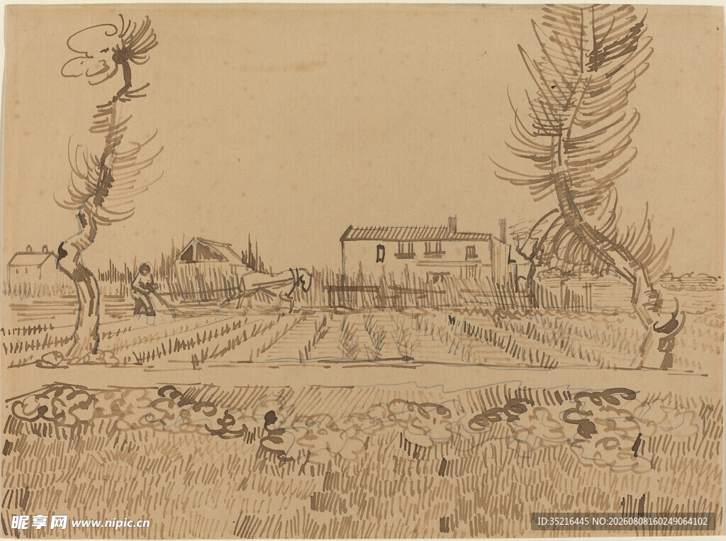 乡村田野风景素描画
