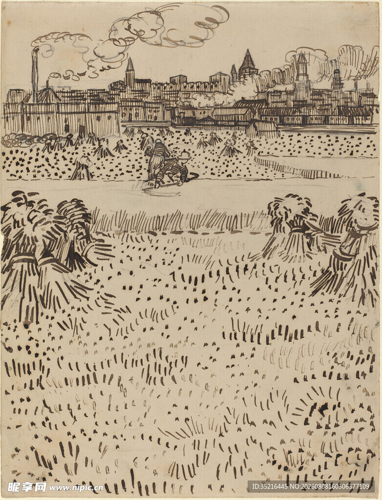 田野劳作场景复古画作