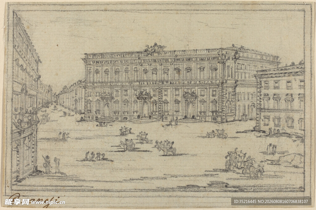 古典城市广场建筑素描图
