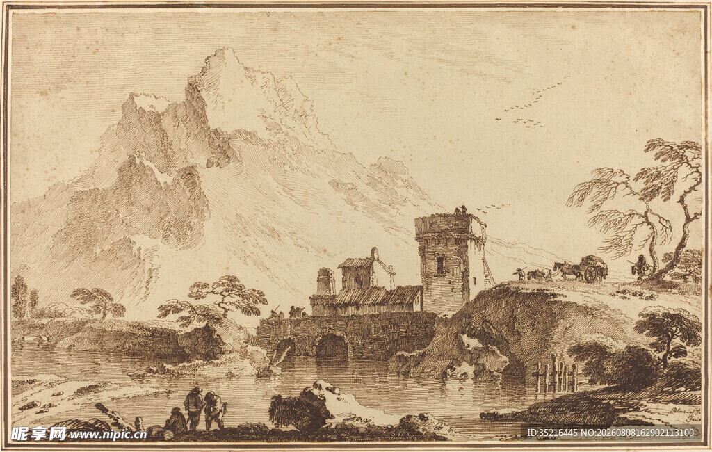 古典山水风景素描画