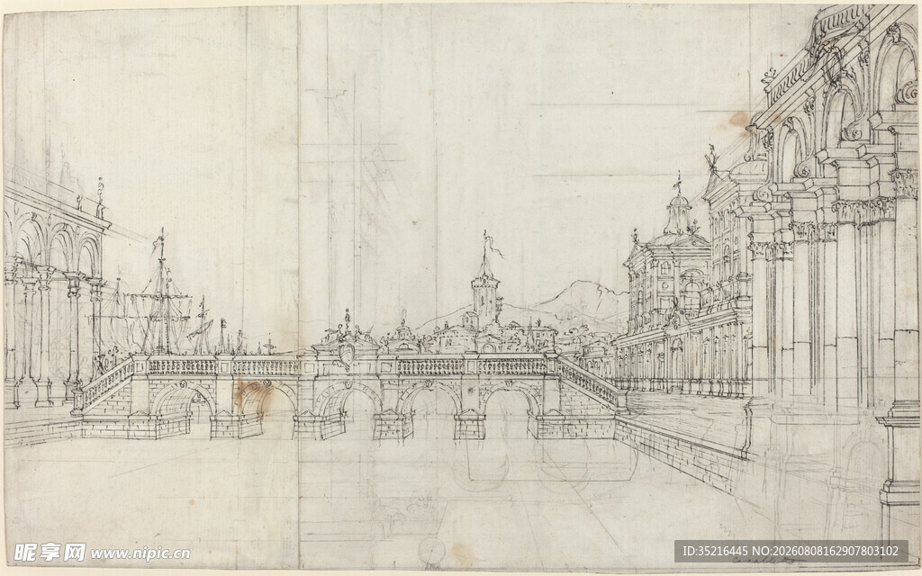 古典城市街道建筑素描图