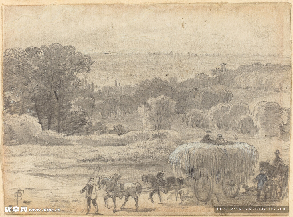 乡村马车风景素描图