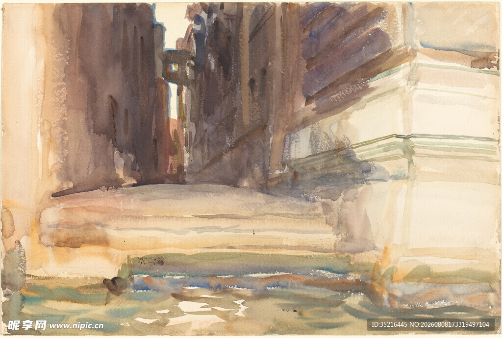 小巷风景水彩画