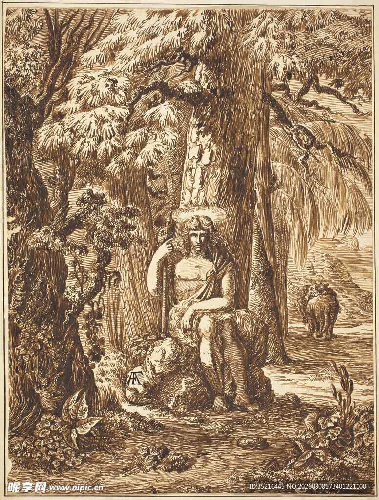 林中人物场景古典插画