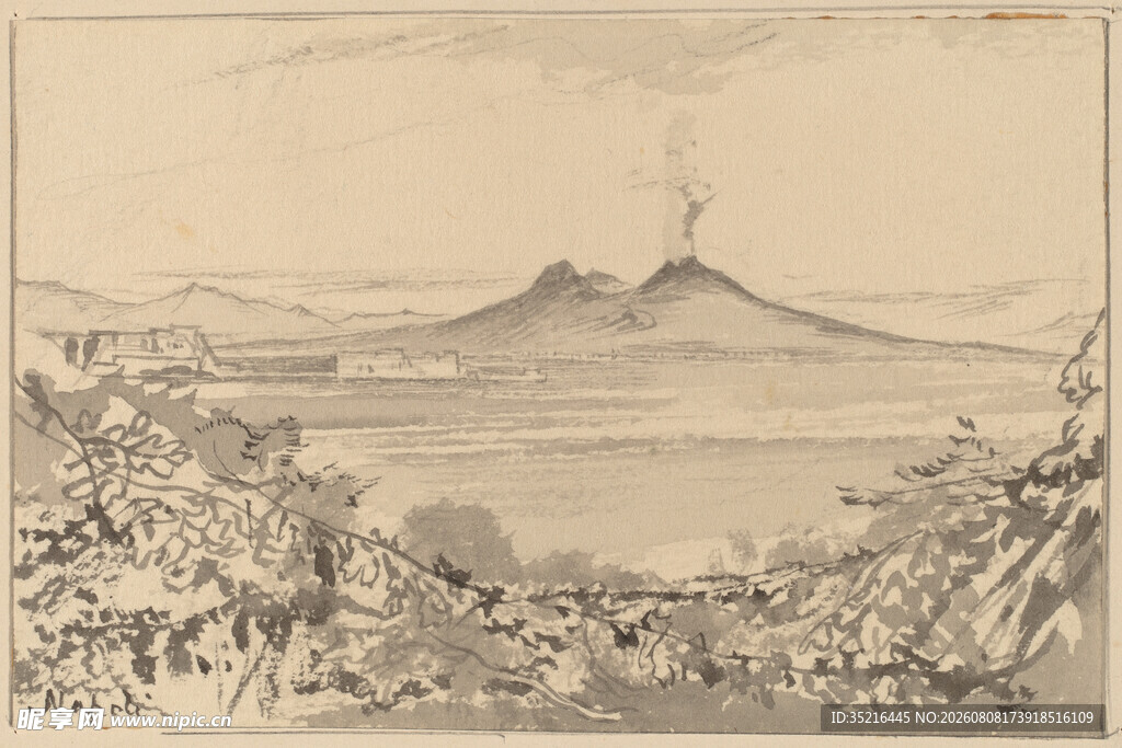 火山景观素描图