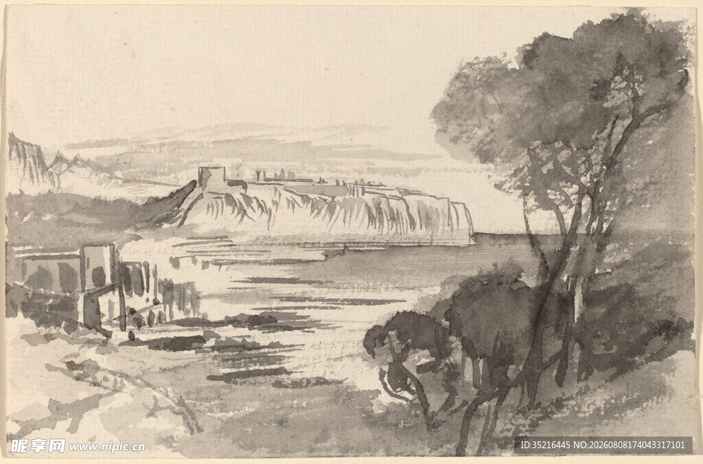 复古山水风景素描画