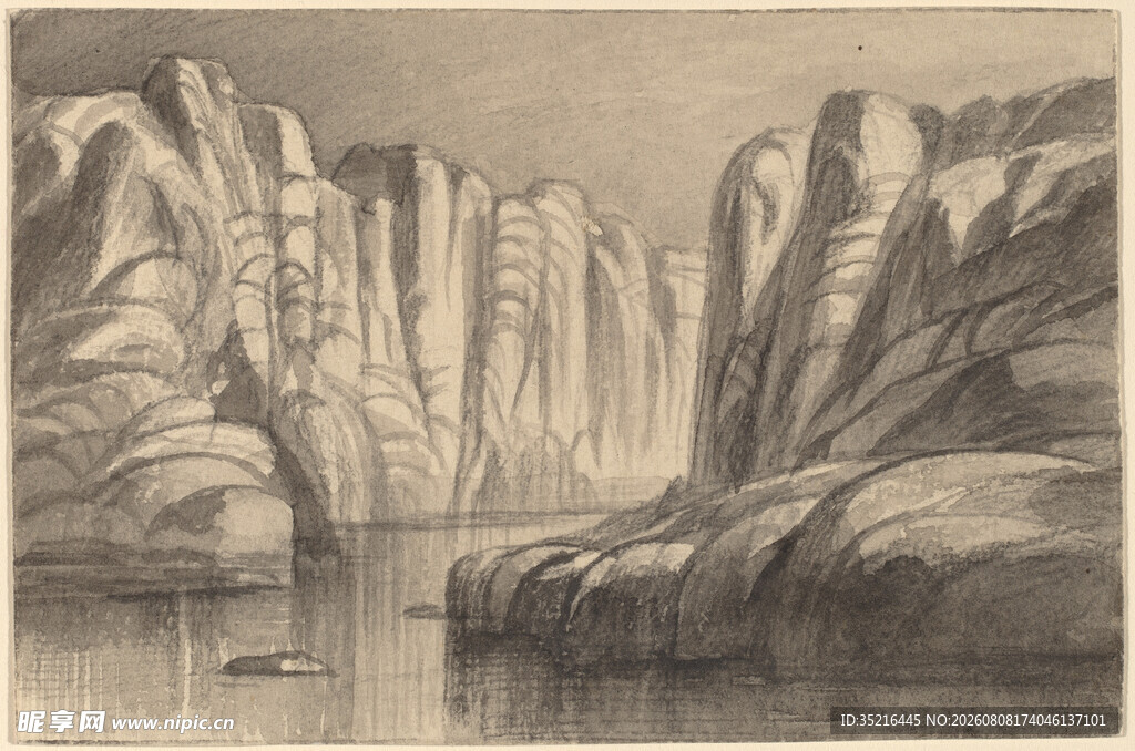 峡谷山水风景素描图