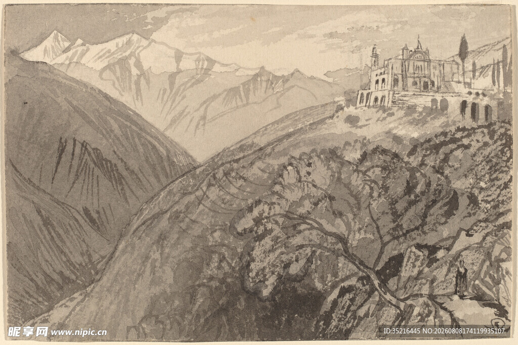 山间城堡远景素描图