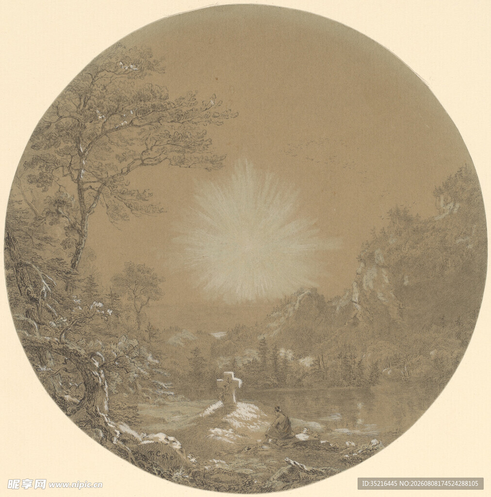 圆形古典风景绘画作品