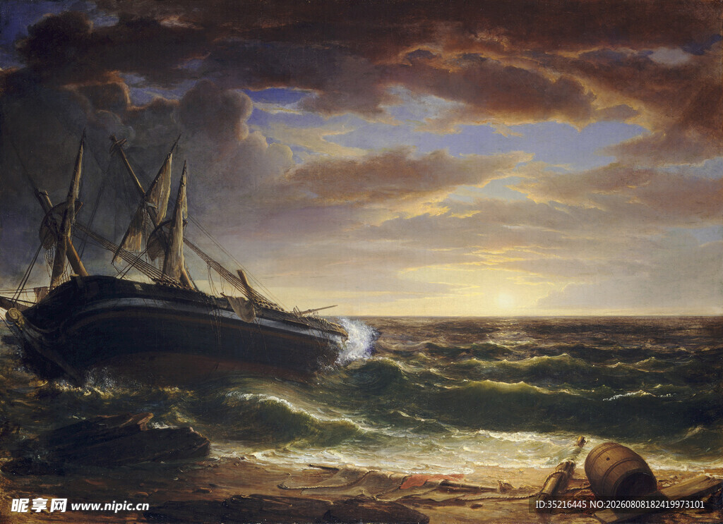 海上沉船的壮丽黄昏景象