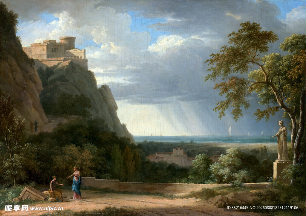 山间风景与行人油画场景