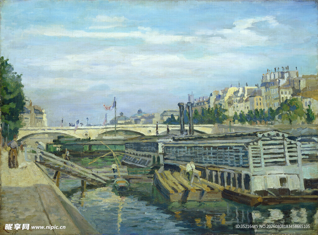 河畔城市风景油画