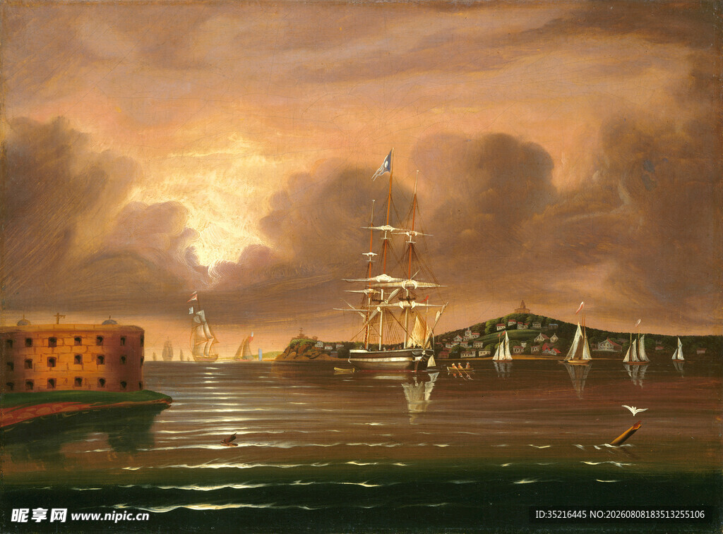 港口黄昏景象油画