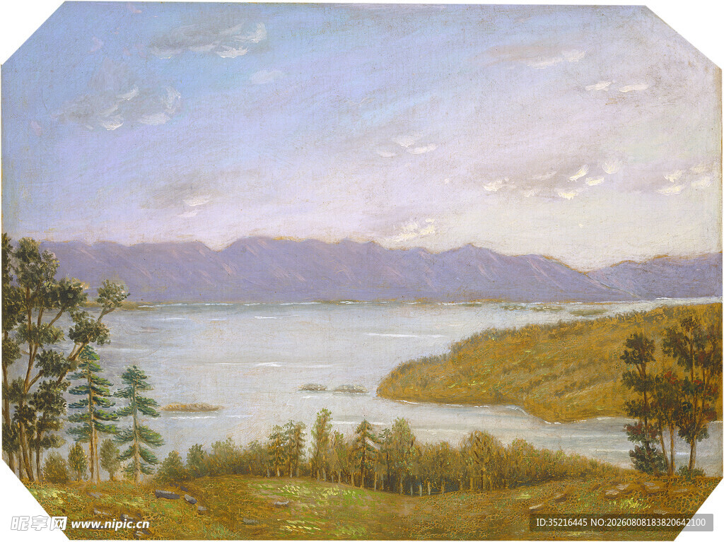湖畔山林风景油画