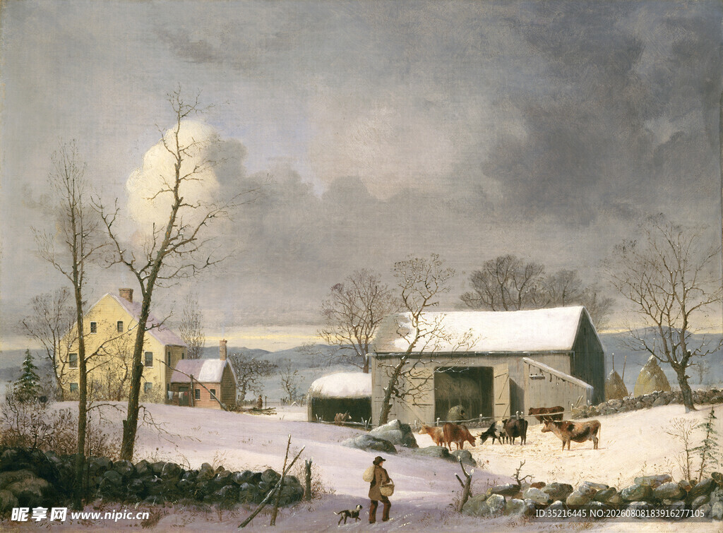 冬日雪景中的温馨乡村画面