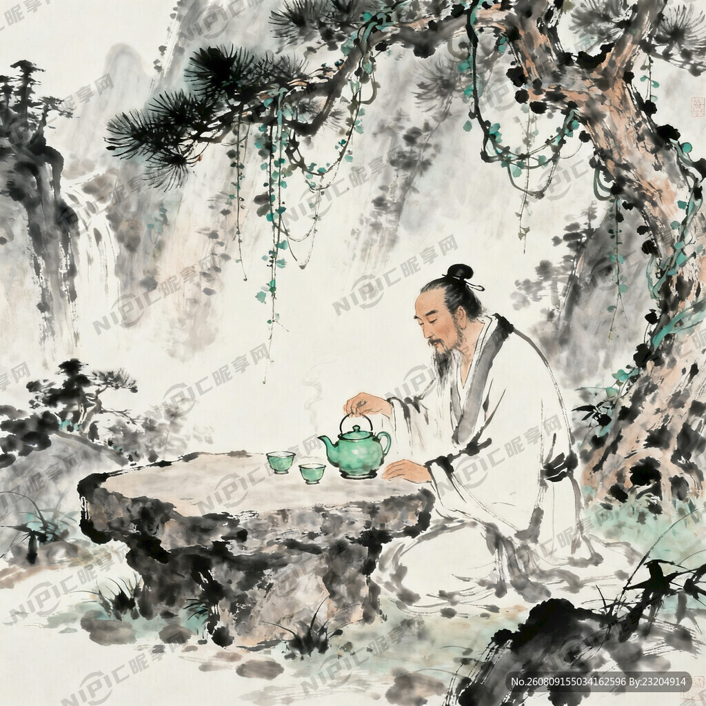 山谷 泡茶中国风 中国画 山水