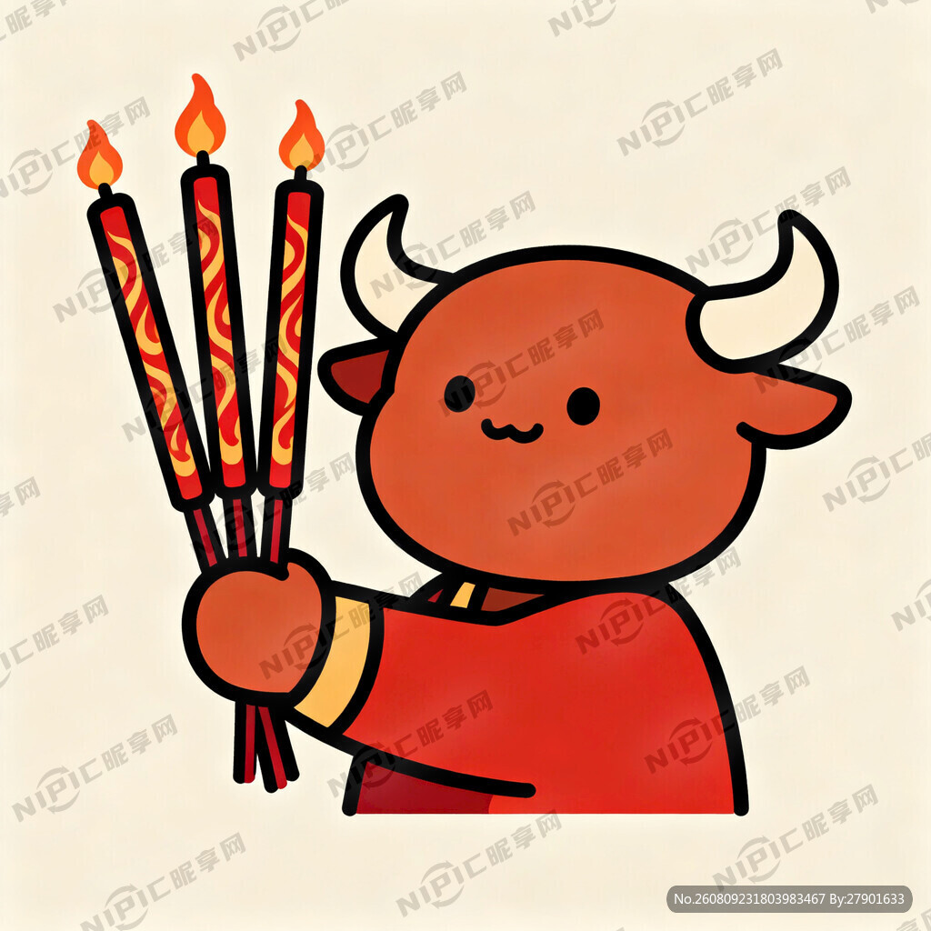 用牛魔王手举三支香的形象生成一
