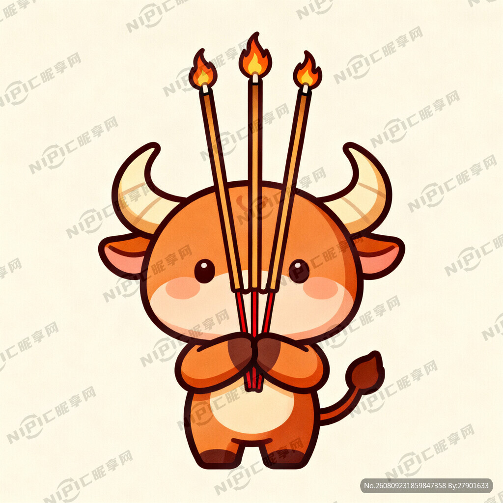 用牛魔王手举三支香的形象生成一