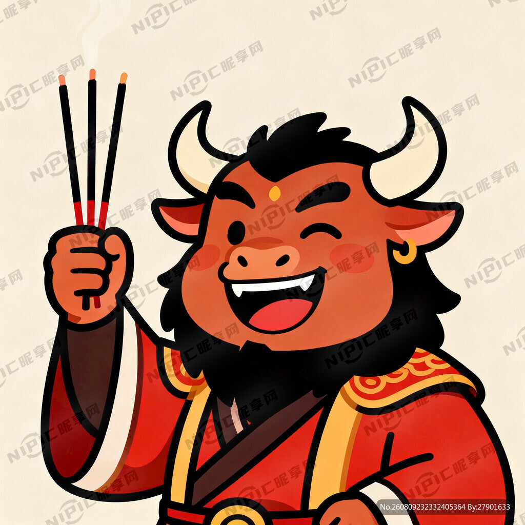 用牛魔王单手举着三支香的形象生