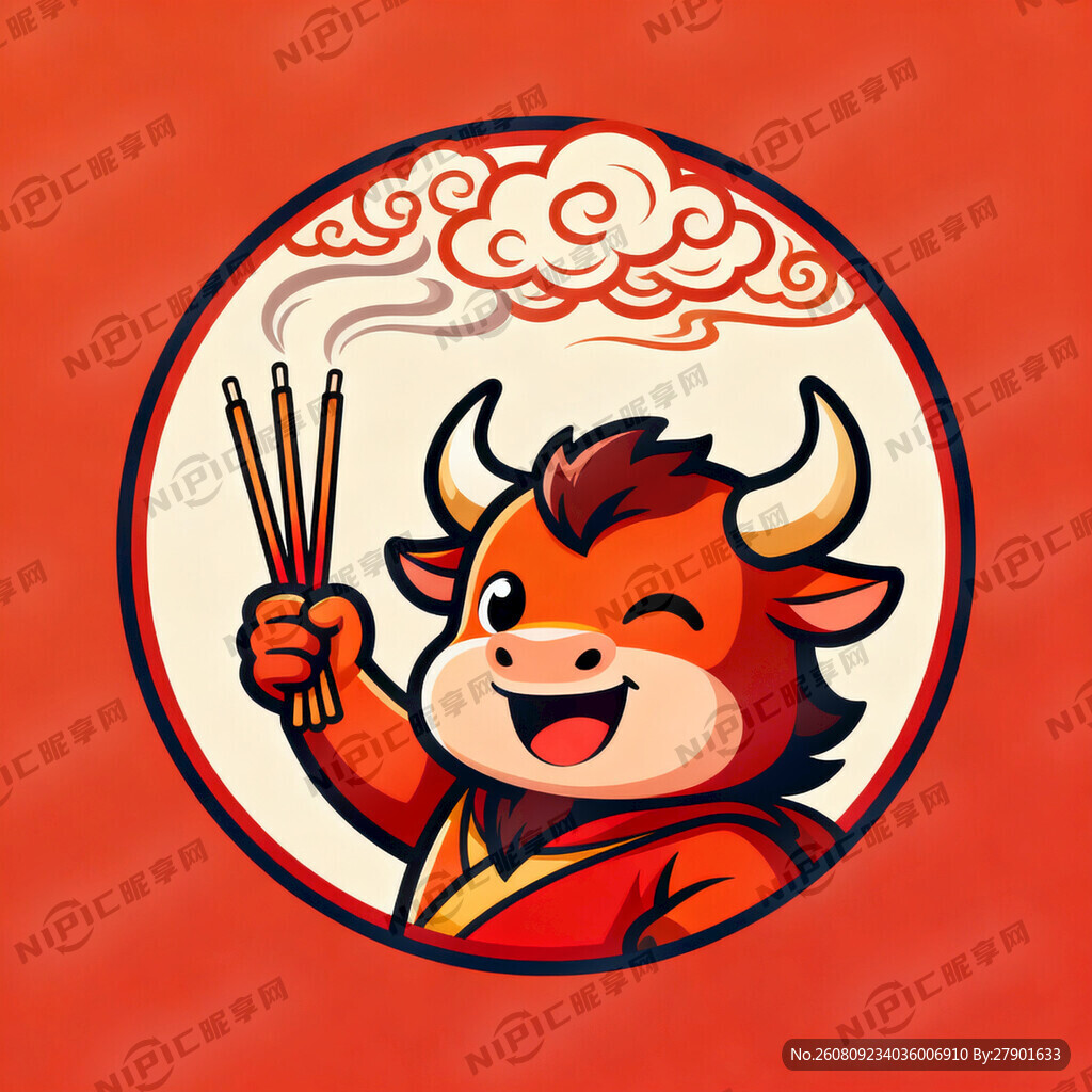 用卡通牛魔王单手举着三支香的形