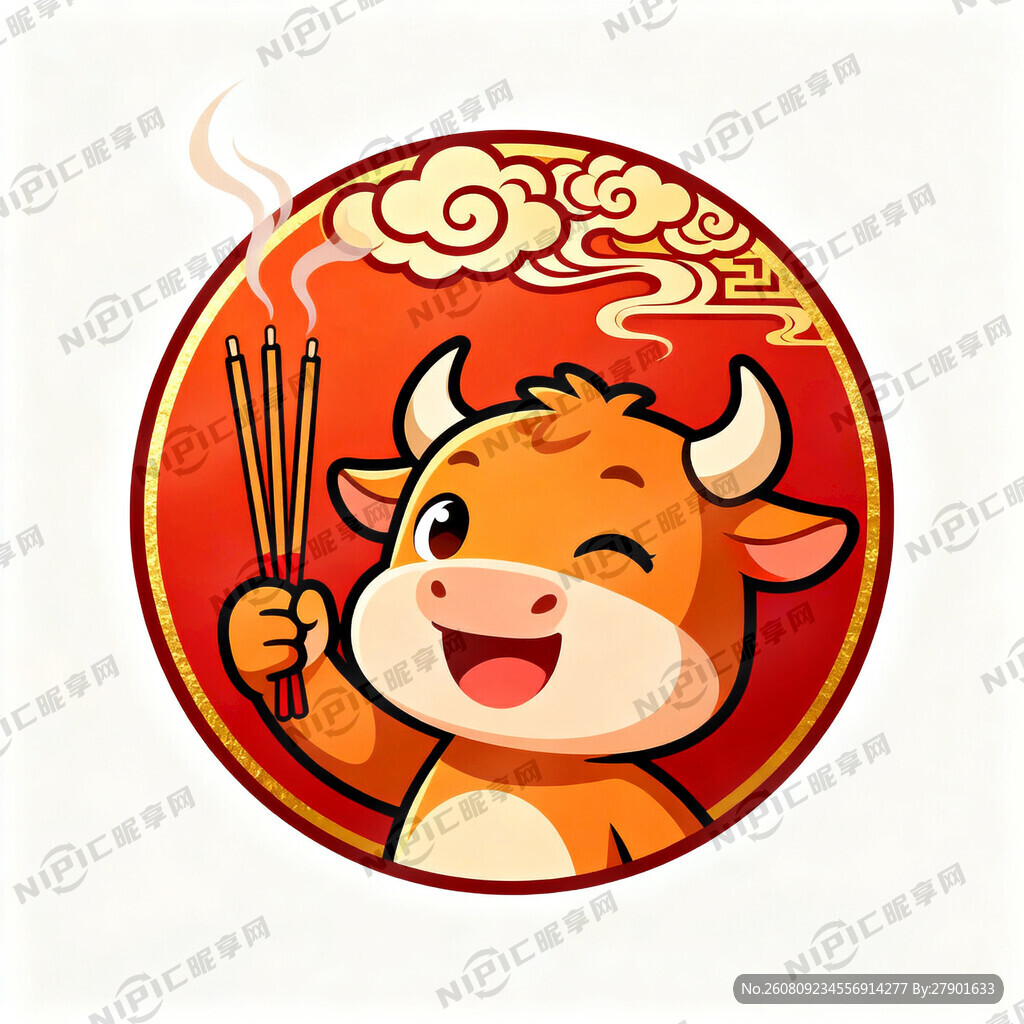 用卡通牛单手举着三支香双眼睁开