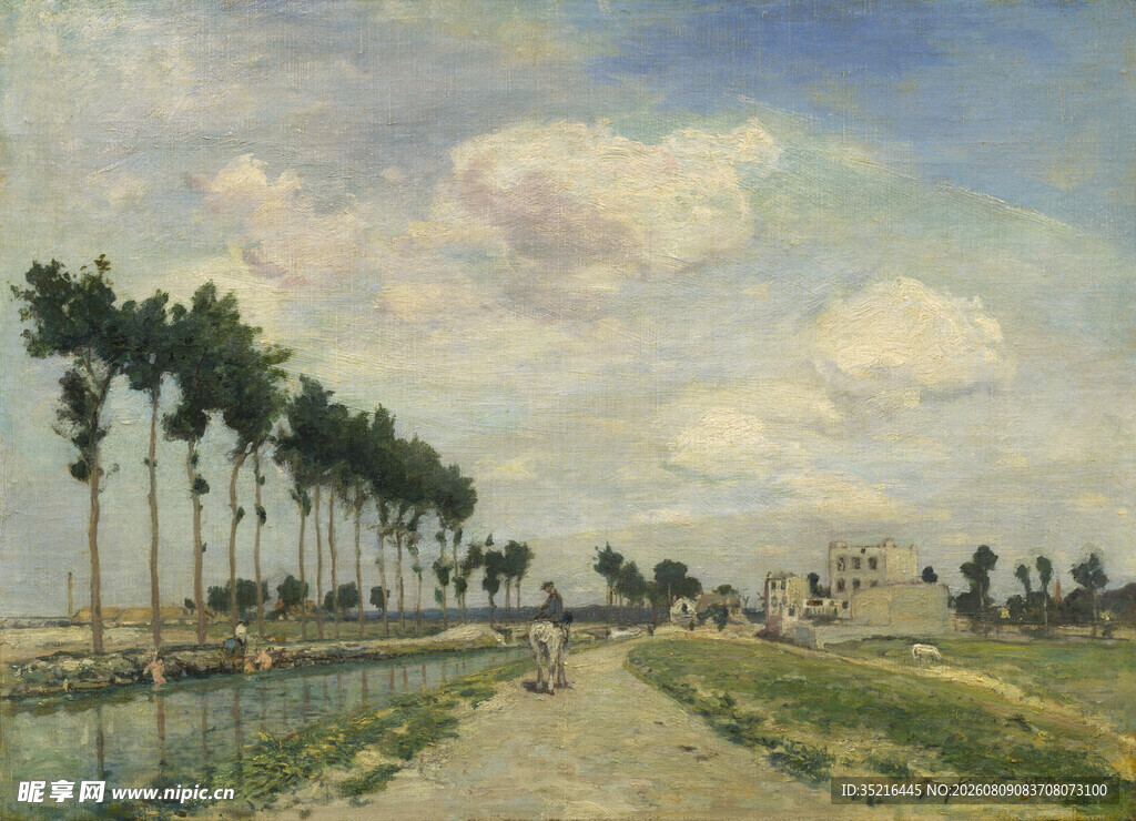 乡村河畔风景油画
