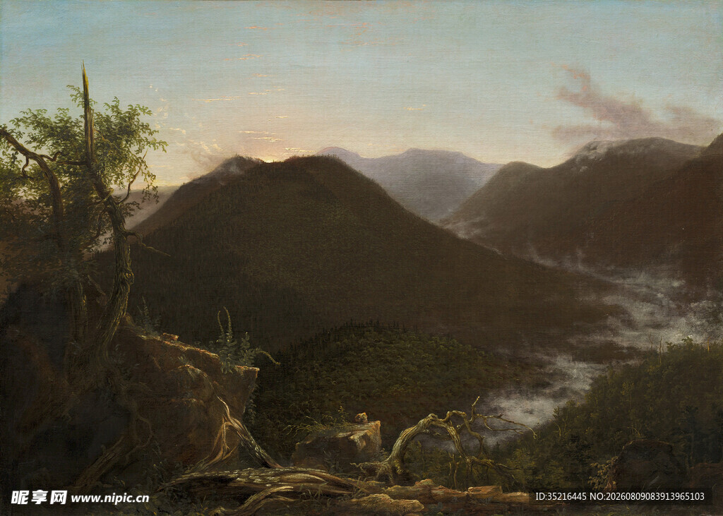 山间河谷风景油画