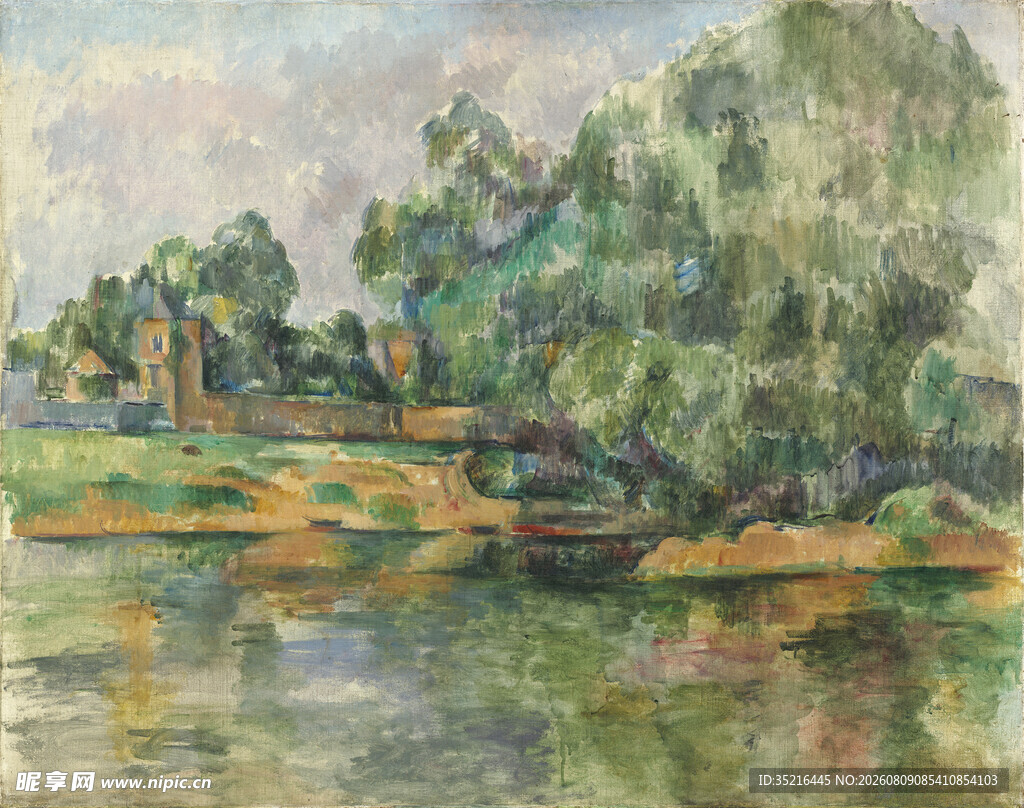 河畔绿树风景油画