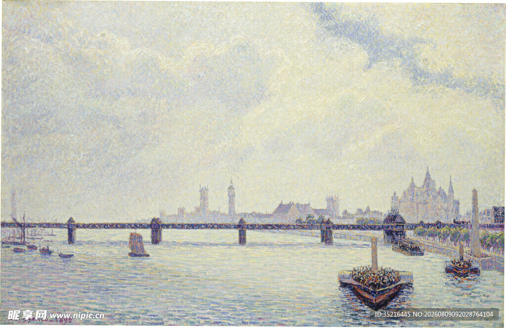 河畔桥梁船只风景画作