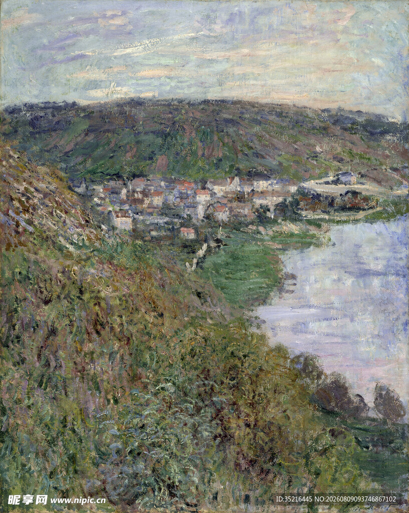 河畔乡村风景油画